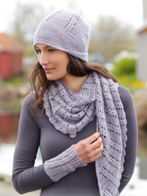 DROPS Viola Crochet Hat Shawl and Mitts Set										