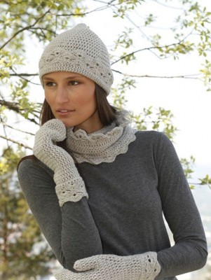 DROPS Rani Crochet Hat Cowl and Mittens Set										