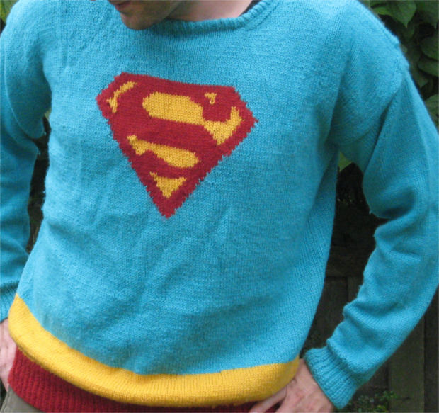 Claire Montgomery talks about the Sweater Curse and shows off this Superman sweater she made